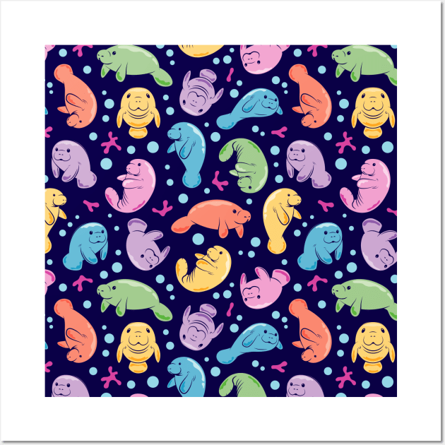 Cute Manatee Colorful Underwater Pattern Wall Art by bangtees